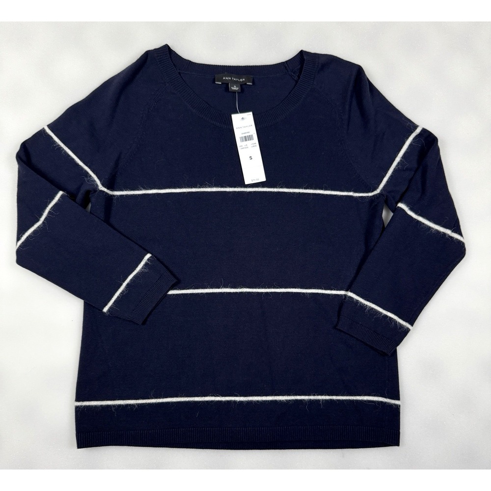 Ann Taylor Womens Size Small Navy Blue White Striped 3/4 Sleeve Knit Sweater Top